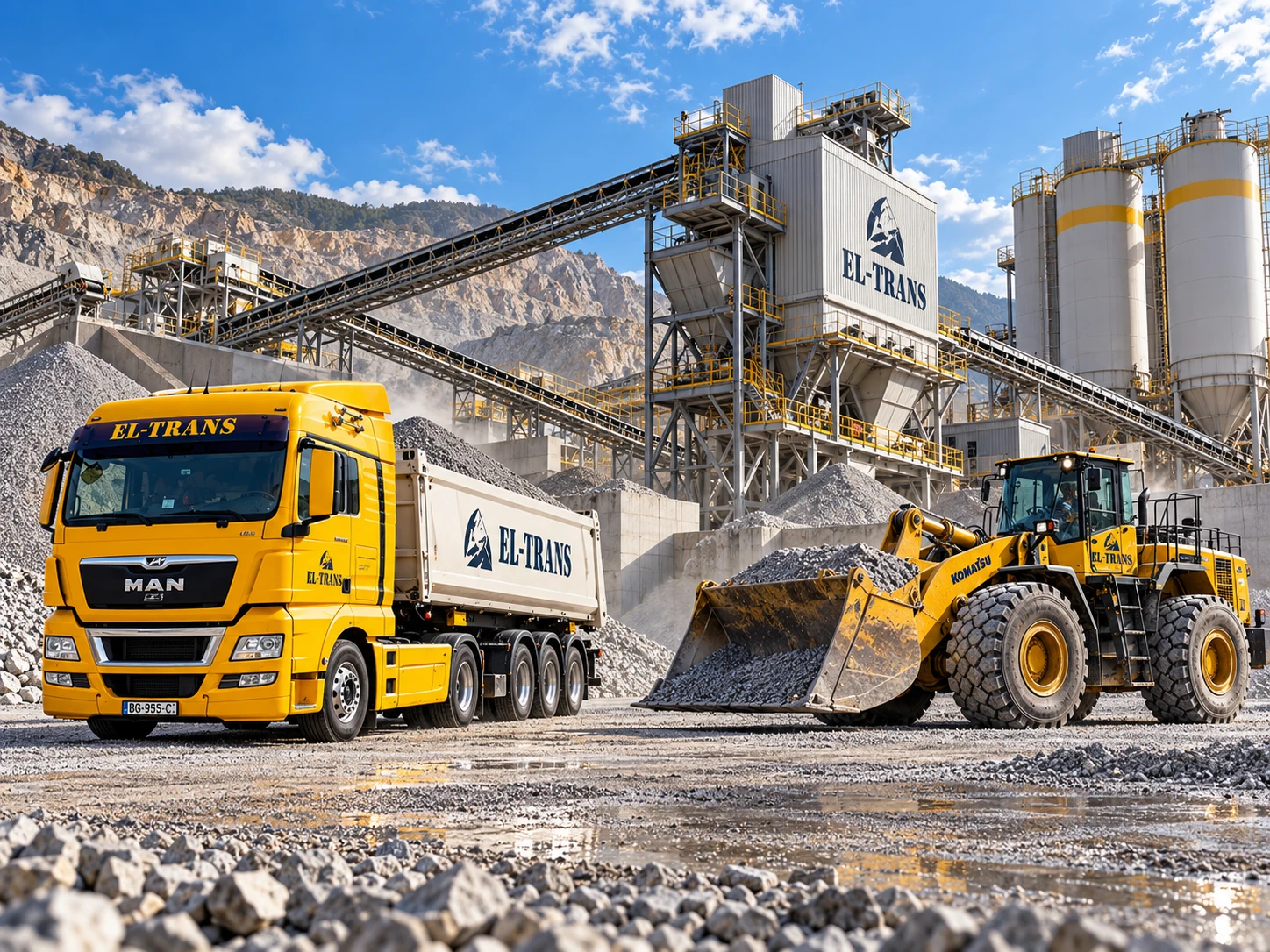 EL-TRANS truck and loader beside the plant